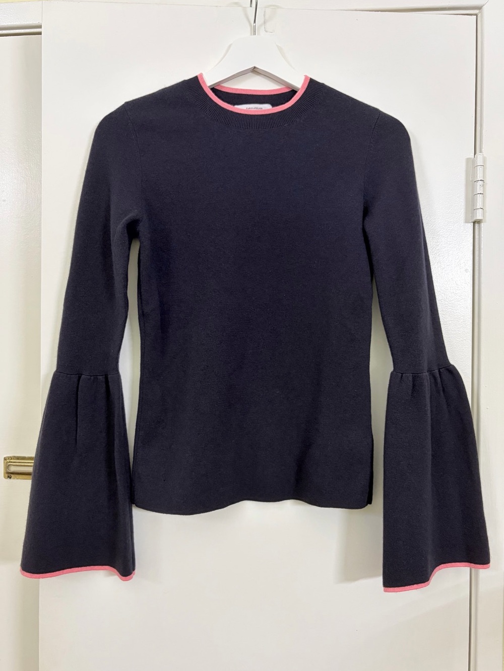 & Other Stories Bell Sleeve Wool Blend Knit Sweater Navy Pink Trim Size S